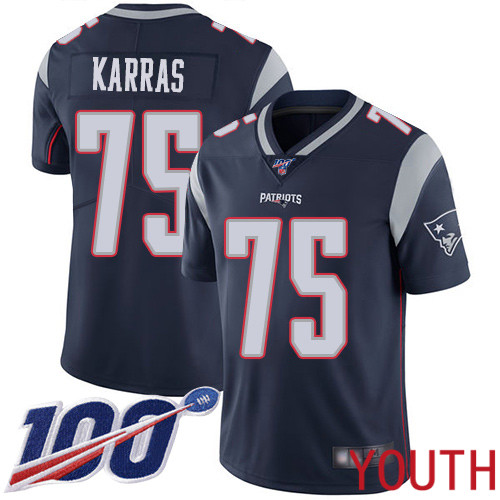 New England Patriots Football 75 Vapor Untouchable 100th Season Limited Navy Blue Youth Ted Karras Home NFL Jersey